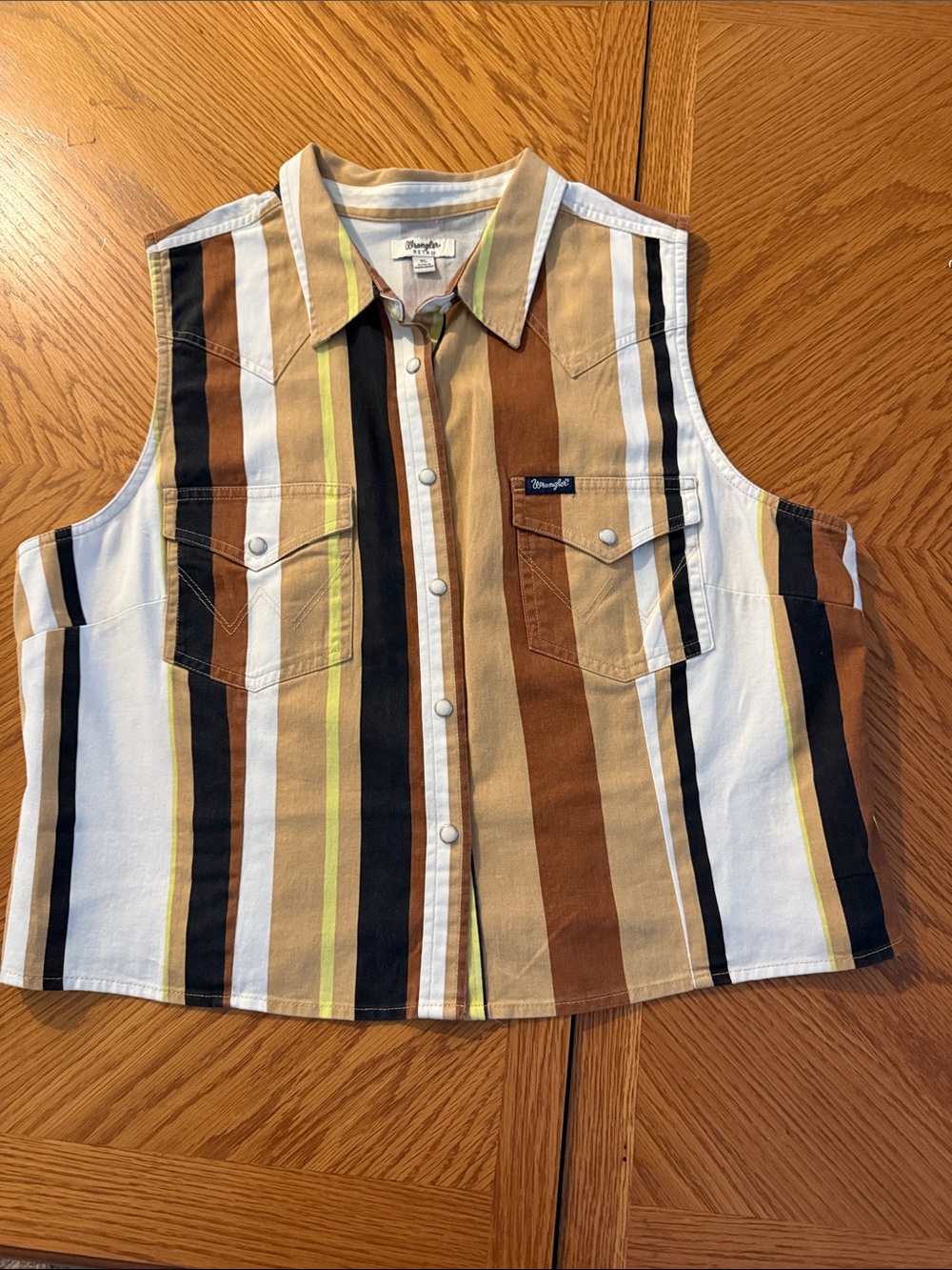 Wrangler Striped Sleeveless Button-Front Vest in Brown, Black, White, Tan
